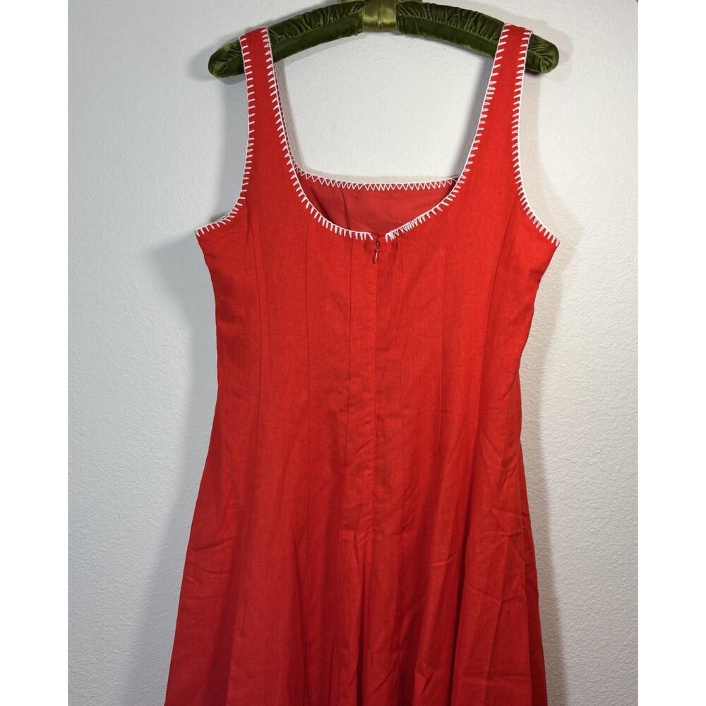 Caroline Constas Whipstitch Trim A-Line Linen Blend Midi Dress Cherry Red SZ 10 - Picture 6 of 12